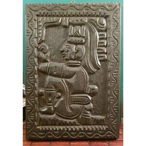 Vintage Aztec Mayan Mesoamerican God or Priest Hand Carved Wooden Figural Plaque